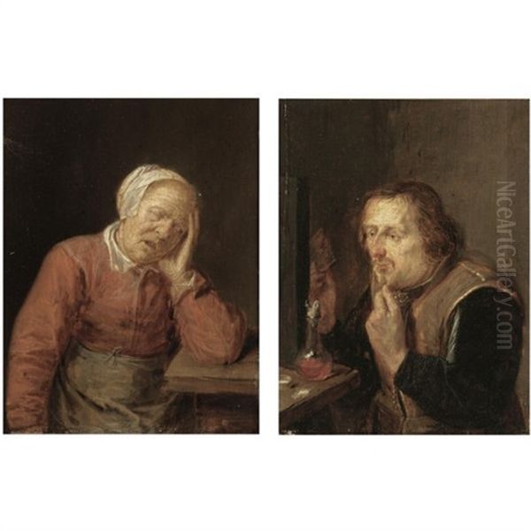 An Interior With A Peasant Woman Sleeping At A Table (+ An Interior With A Peasant Man Holding A Comb; Pair) Oil Painting by Joos van Craesbeeck