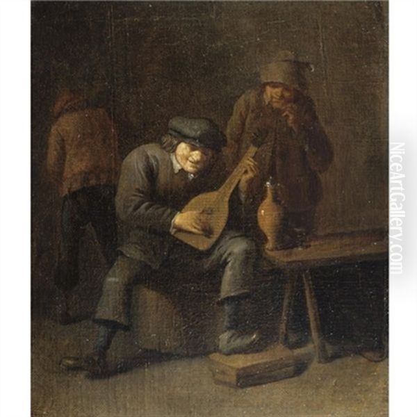 A Tavern Interior With A Boor Making Music With Two Figures Behind Oil Painting by Joos van Craesbeeck