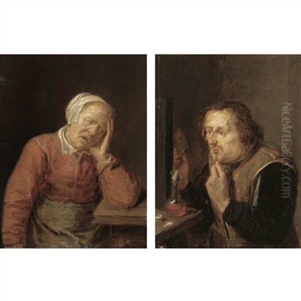 A Peasant Woman Sleeping At A Table (+ A Peasant Man Drinking And Playing Cards; Pair) Oil Painting by Joos van Craesbeeck