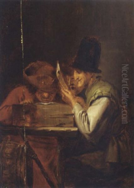 Boors Reading In An Interior Oil Painting by Joos van Craesbeeck