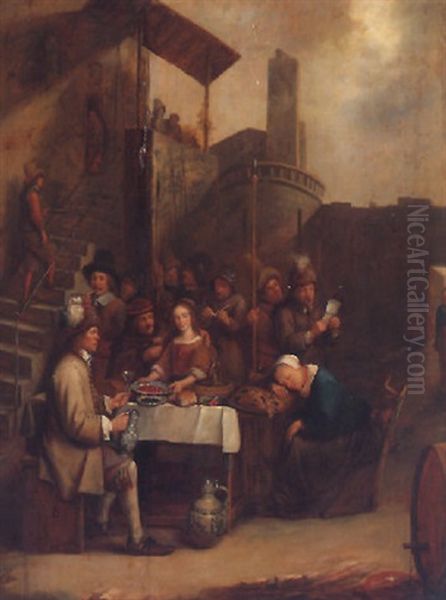 Townsfolk Eating And Drinking Within The Walls Of A Fortress Oil Painting by Joos van Craesbeeck