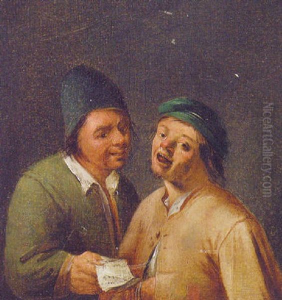 Two Boors In An Interior Oil Painting by Joos van Craesbeeck