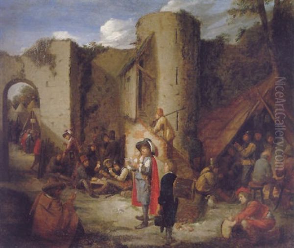 A Military Encampment With An Officer Reading A Letter Outside The Walls Of A Castle Oil Painting by Joos van Craesbeeck