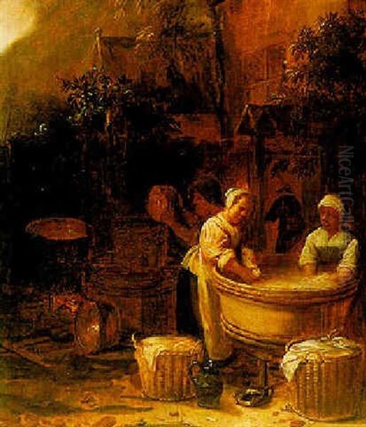 Peasants Washing In An Courtyard Oil Painting by Joos van Craesbeeck