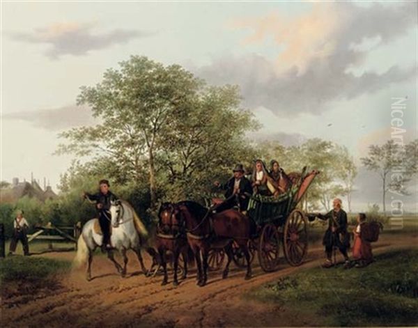 A Halted Carriage With Utrecht In The Distance Oil Painting by Gysbertus Craeyvanger