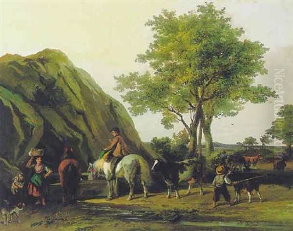 Figuren Met Paarden En Vee Bij Een Bron Oil Painting by Gysbertus Craeyvanger