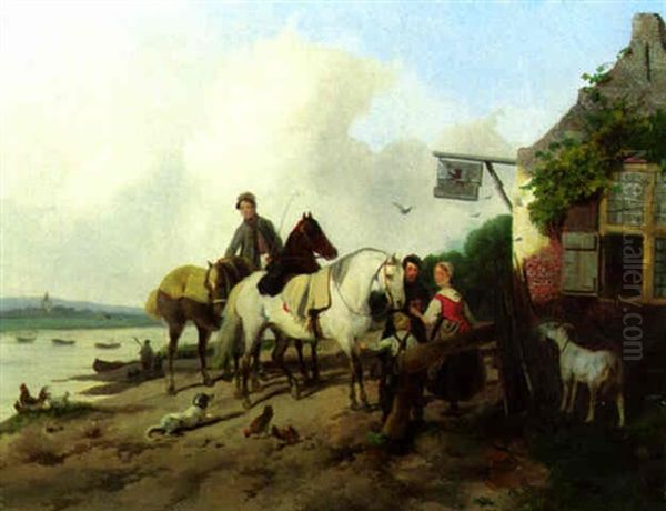 Horsemen Before A Country Tavern Oil Painting by Gysbertus Craeyvanger