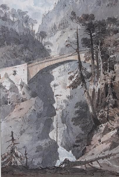 Alpine Landscape With Bridge Oil Painting by Charles Francis Annesley