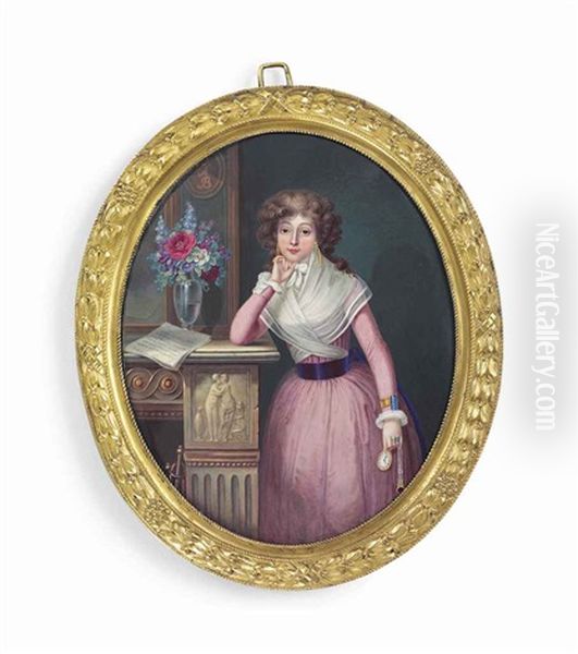 Marguerite Francoise, Comtesse De Buffon (1767-1808), In Pink Dress With Purple Sash And Gauze Fichu, Wearing A Gold And Blue Enamel Bracelet Oil Painting by William Hopkins Craft