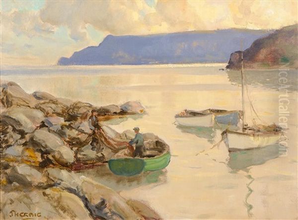 Mending The Nets Cushendun Oil Painting by James Humbert Craig