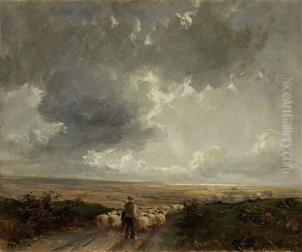 Farmer Driving Sheep On An Open Road Before A Landscape Oil Painting by James Humbert Craig