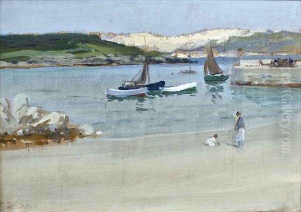 Boats In Harbour, With Children Playing On The Beach Oil Painting by James Humbert Craig