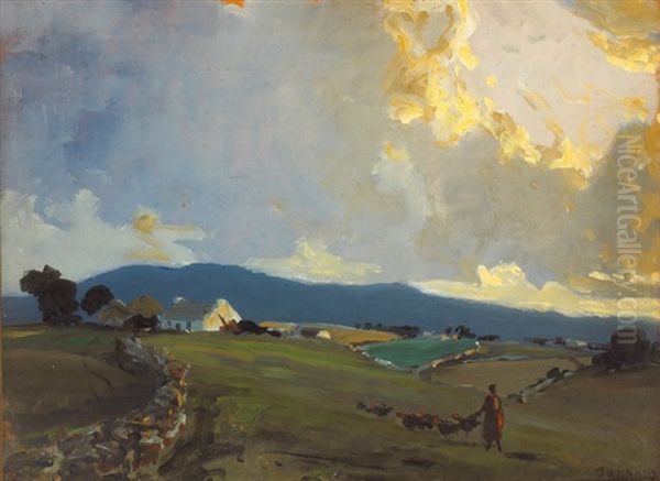 Near Dunfanaghy, County Donegal (landscape With Woman Herding A Flock Of Turkeys, Cottage Beyond) Oil Painting by James Humbert Craig