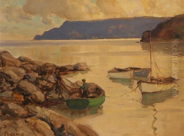 Mending The Nets Cushendun Oil Painting by James Humbert Craig