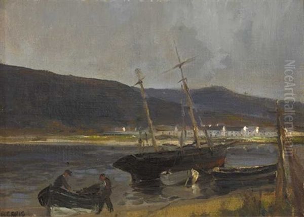 Boats At Waterfoot Bay, County Antrim Oil Painting by James Humbert Craig