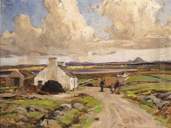 Figures On A Path Before A Cottage, Bay And Mountains Beyond Oil Painting by James Humbert Craig