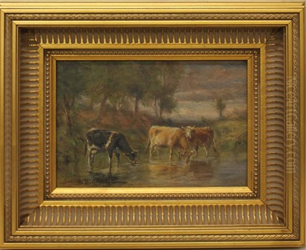 Cattle At Water Edge Oil Painting by Thomas Bigelow Craig