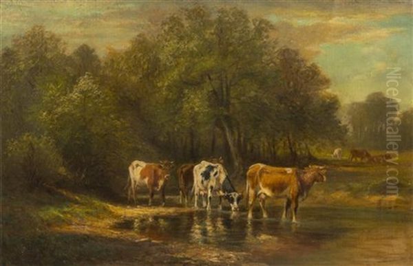 Landscape With Cows Wading In Stream Oil Painting by Thomas Bigelow Craig