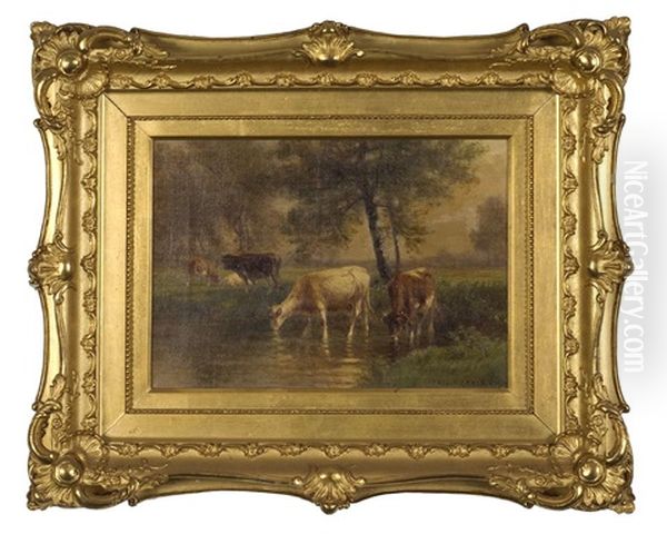 Cows Watering In A Stream Oil Painting by Thomas Bigelow Craig