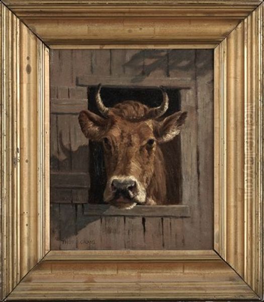 Cow Looking Through A Barn Window Oil Painting by Thomas Bigelow Craig