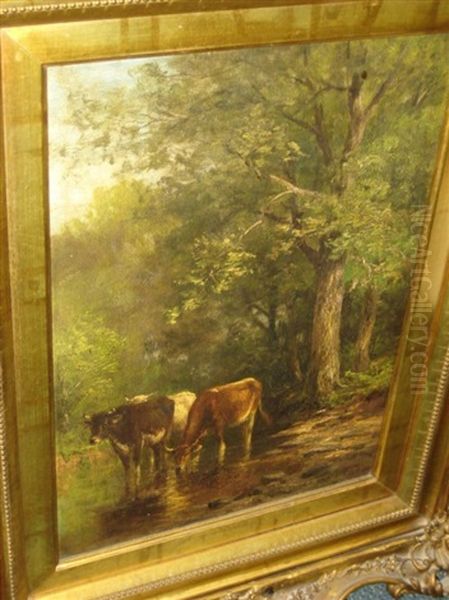 Cows Watering Among Trees Oil Painting by Thomas Bigelow Craig