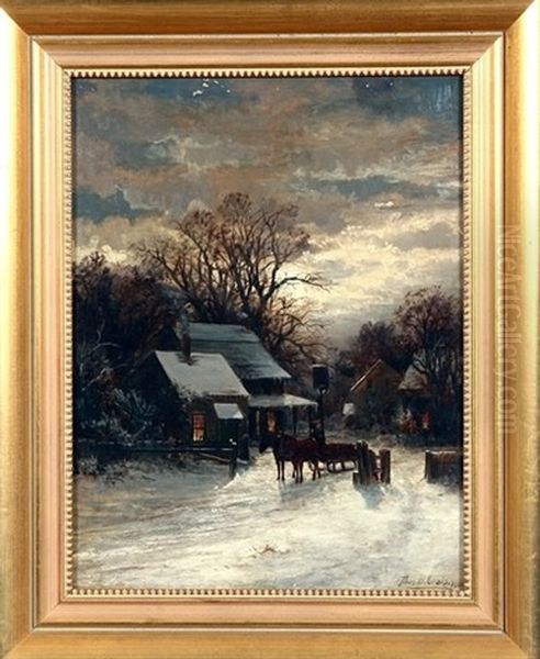 Nocturnal Winter Scene With Village And Horsedrawn Wagon Oil Painting by Thomas Bigelow Craig