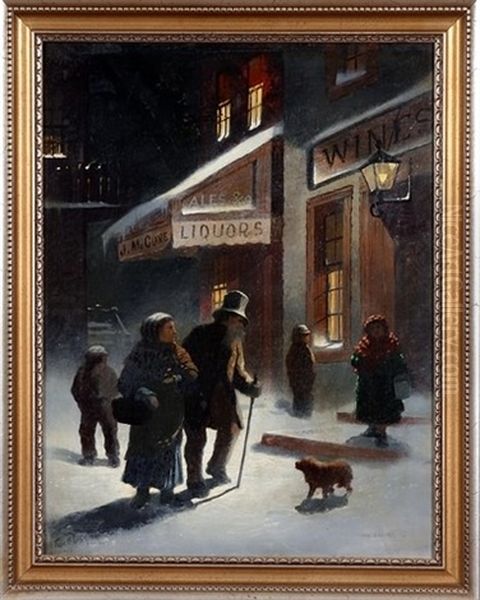 Nocturnal Winter Street Scene With Figures Walking In Snow by Thomas Bigelow Craig