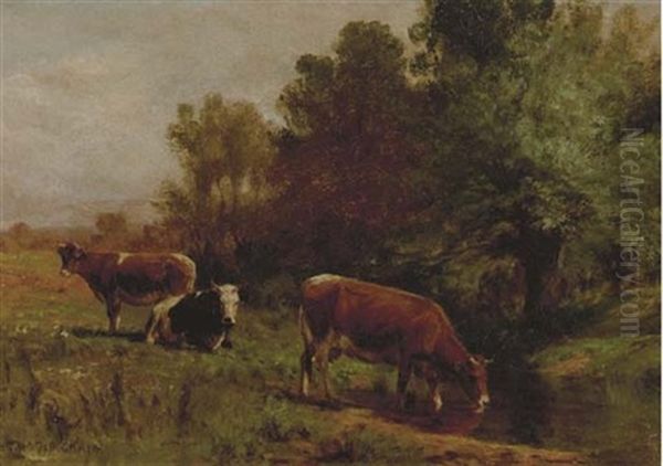 Cows Resting In A Pastoral Landscape Oil Painting by Thomas Bigelow Craig