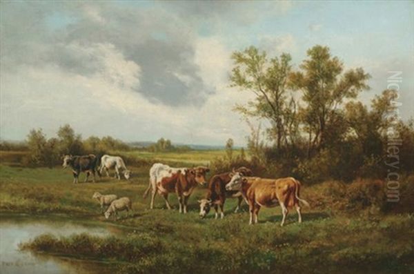 Cattle And Sheep Grazing By Water Oil Painting by Thomas Bigelow Craig