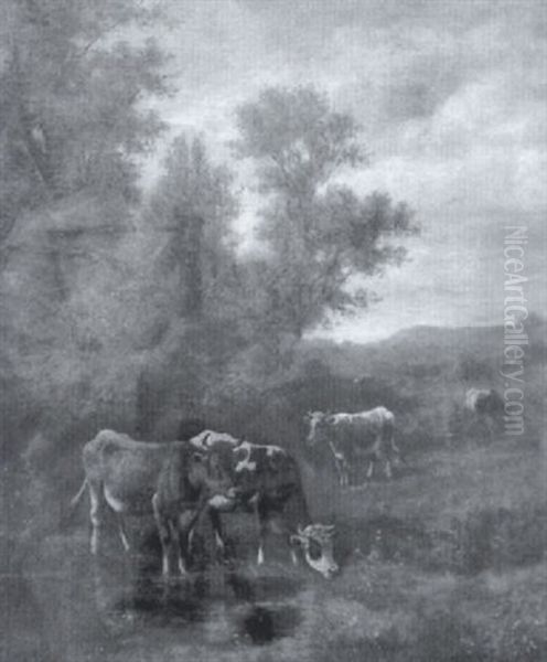 Pastoral Landscape With Cows In River Oil Painting by Thomas Bigelow Craig