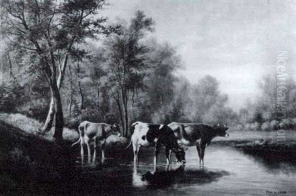 Three Cows In A Landscape Watering Oil Painting by Thomas Bigelow Craig