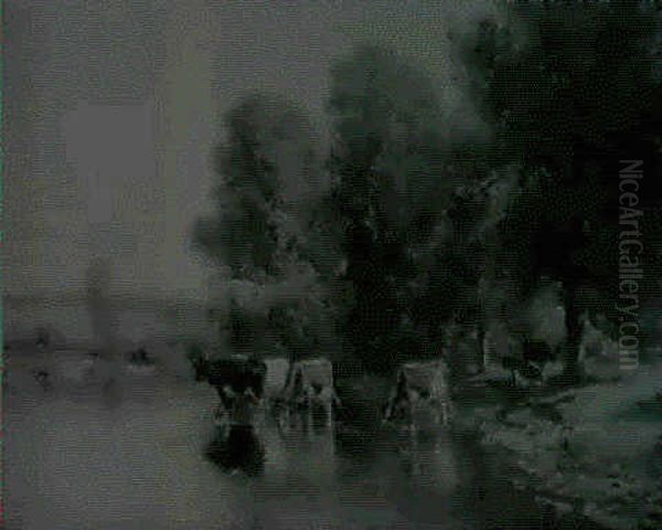 Cows Watering In A River Oil Painting by Thomas Bigelow Craig