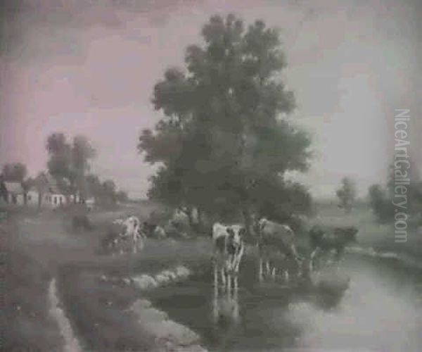 Cows In A Landscape Oil Painting by Thomas Bigelow Craig