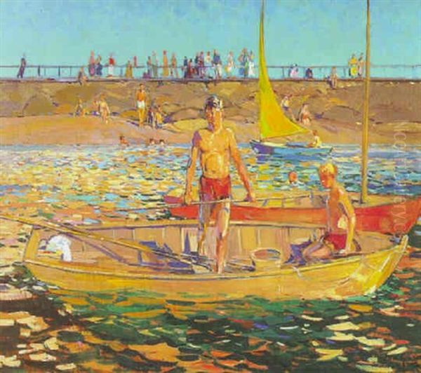 Boys In A Rowboat Oil Painting by Allen Gilbert Cram