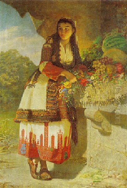 A Turkish Girl With Spring Flowers Oil Painting by Alfons von Cramer