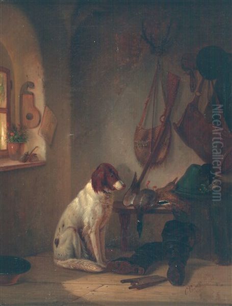 Jagdstillleben Mit Hund Oil Painting by Carl Ceasar Adelbert Cramer