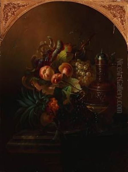 Still Life With Fruit And Wine Oil Painting by Carl Ceasar Adelbert Cramer