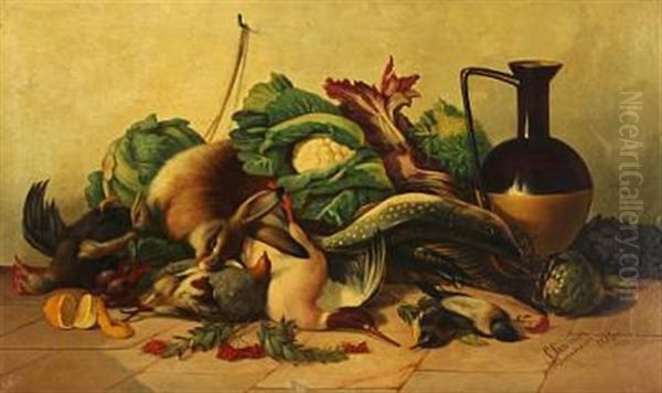 Nature Morte With Rabbit, Game Birds, Vegetables And A Jug Oil Painting by Carl Ceasar Adelbert Cramer