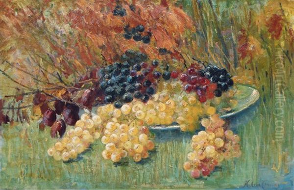 Grapes And Leaves Oil Painting by Helene Cramer