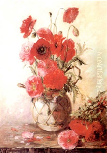 Roter Mohnblumenstraus In Irdenem Gefas Oil Painting by Helene Cramer