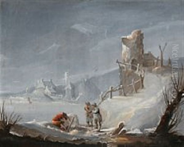 Winter Landscape With Men By A Hole In A Frozen Lake Oil Painting by Peter Cramer