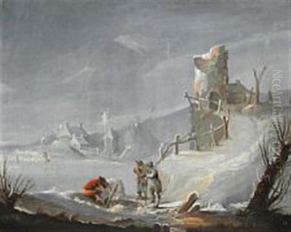 Winter Landscape With Men By A Hole In A Frozen Lake Oil Painting by Peter Cramer