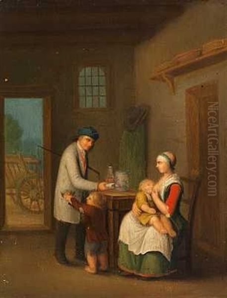 Bondestueinterior Med Mor, Der Ammer Sit Barn Og Lille Dreng, Der Tager Godter Op Af Faderens Lomme (+ Bondestueinterior Med Par, Der Hjaelper Fuld Mand Pa Benene; 2 Works) Oil Painting by Peter Cramer