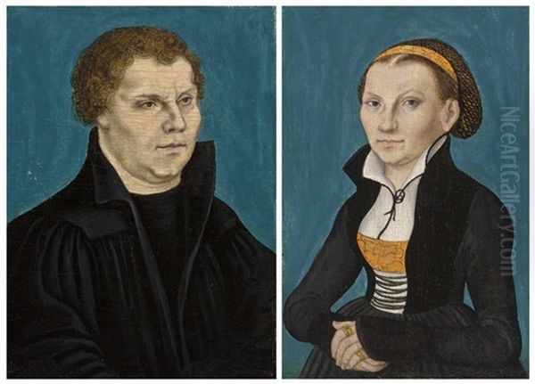 Portrait Of Martin Luther (1483-1546), Half-length; And Portrait Of Katharina Von Bora (1499-1552), Half-length (2 Works) Oil Painting by Lucas Cranach the Elder