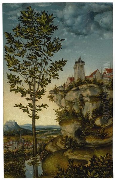 Landscape With Fortified Buildings On A Rocky Bluff, A Tree In The Left Foreground And A Distant View Of A Town Beyond Oil Painting by Lucas Cranach the Elder