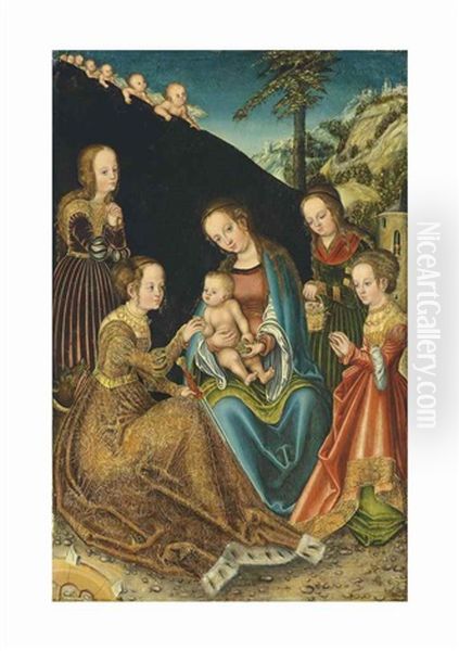 The Mystic Marriage Of Saint Catherine Of Alexandria, With Saints Margaret, Barbara And Dorothy by Lucas Cranach the Elder