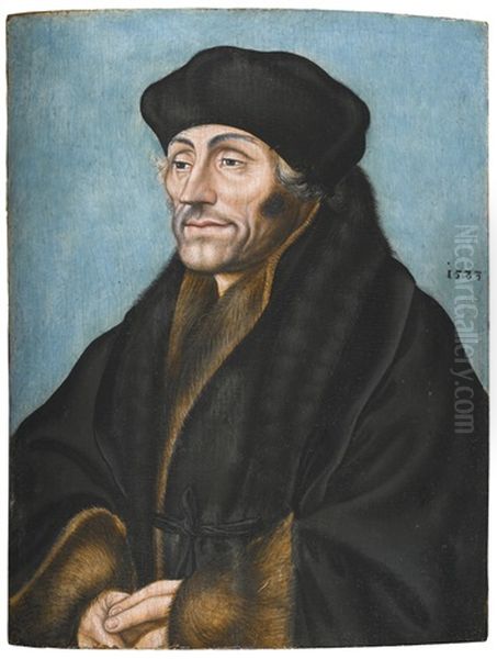 Portrait Of Desiderius Erasmus (1466/9-1536), Half-length In A Black Fur-lined Coat Oil Painting by Lucas Cranach the Elder