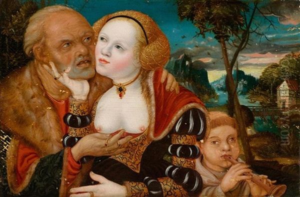 The Ill-matched Lovers With A Fluting Boy Oil Painting by Lucas Cranach the Elder