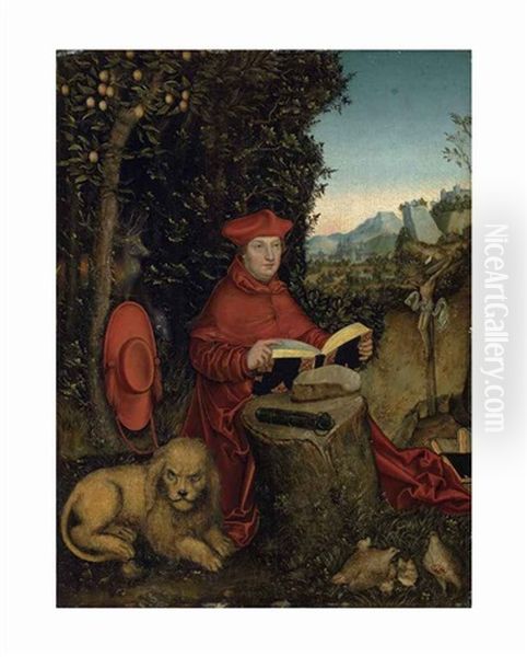 Cardinal Albrecht Von Brandenburg As Saint Jerome In A Landscape Oil Painting by Lucas Cranach the Elder