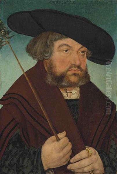 Portrait Of A Man, Half-length, In A Black Doublet And Brown Coat, Holding A Branch Oil Painting by Lucas Cranach the Elder